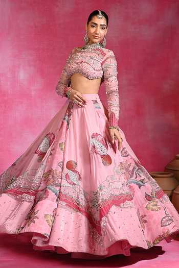 Buy Rishi and Vibhuti Pink Organza, Net High Neck Gulabi Maharani Embroidered Lehenga Set Buy_Rishi and Vibhuti_Pink Organza, Net High Neck Gulabi Maharani Embroidered Lehenga Set