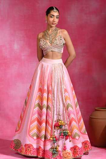 Buy Rishi and Vibhuti Pink Organza, Crepe Sweetheart Neck Mehar Tassel Embellished Lehenga Set Online at Aza Fashions Buy_Rishi and Vibhuti_Pink Organza, Crepe Sweetheart Neck Mehar Tassel Embellished Lehenga Set _Online_at_Aza_Fashions