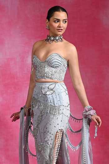 Rishi and Vibhuti Blue Organza, Net Embroidery, Ice Dilruba Column Skirt Set With Hand Cape Online at Aza Fashions Rishi and Vibhuti_Blue Organza, Net Embroidery, Ice Dilruba Column Skirt Set With Hand Cape _Online_at_Aza_Fashions
