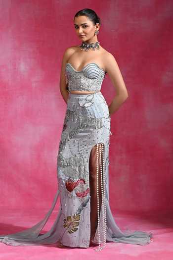 Buy Rishi and Vibhuti Blue Organza, Net Embroidery, Ice Dilruba Column Skirt Set With Hand Cape Online at Aza Fashions Buy_Rishi and Vibhuti_Blue Organza, Net Embroidery, Ice Dilruba Column Skirt Set With Hand Cape _Online_at_Aza_Fashions