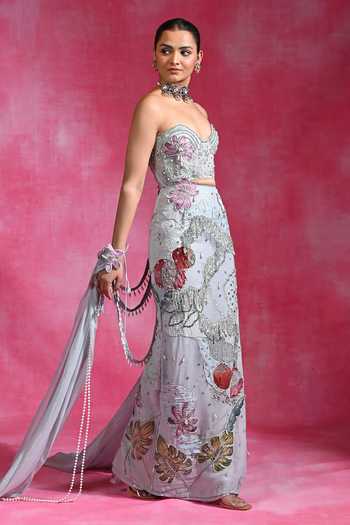 Rishi and Vibhuti Blue Organza, Net Embroidery, Ice Dilruba Column Skirt Set With Hand Cape at Aza Fashions Rishi and Vibhuti_Blue Organza, Net Embroidery, Ice Dilruba Column Skirt Set With Hand Cape _at_Aza_Fashions