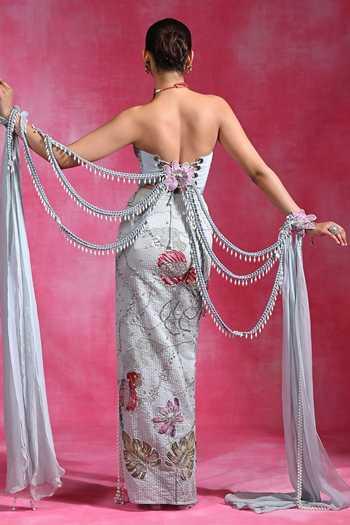 Rishi and Vibhuti Ice Blue Dilruba Column Skirt Set With Hand Cape 
