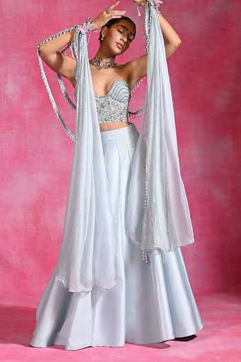Rishi and Vibhuti Blue Silk, Organza, Net Beads, Pearls Fitoor Lehenga Set With Hand Cape Online at Aza Fashions Rishi and Vibhuti_Blue Silk, Organza, Net Beads, Pearls Fitoor Lehenga Set With Hand Cape _Online_at_Aza_Fashions