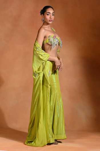 Rishi and Vibhuti_Green Organza, Georgette, Crepe Embroidery, Lime Chime Shrug And Flared Pant Set _Online_at_Aza_Fashions