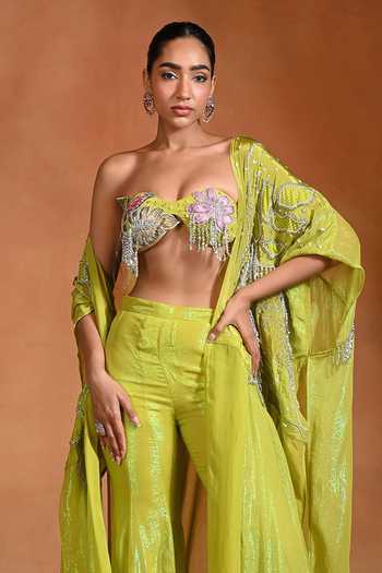 Buy_Rishi and Vibhuti_Green Organza, Georgette, Crepe Embroidery, Lime Chime Shrug And Flared Pant Set _Online_at_Aza_Fashions
