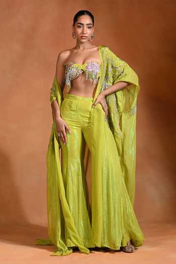Shop_Rishi and Vibhuti_Green Organza, Georgette, Crepe Embroidery, Lime Chime Shrug And Flared Pant Set _Online_at_Aza_Fashions