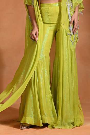 Rishi and Vibhuti_Green Organza, Georgette, Crepe Embroidery, Lime Chime Shrug And Flared Pant Set _at_Aza_Fashions