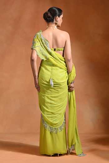 Rishi and Vibhuti Lime Mirage Pre-Draped Saree With Bralette 