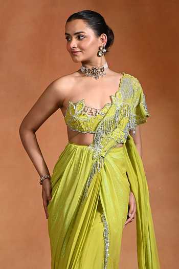 Rishi and Vibhuti_Lime Organza, Georgette, Crepe Embroidery, Mirage Pre-draped Saree With Bralette _Online_at_Aza_Fashions