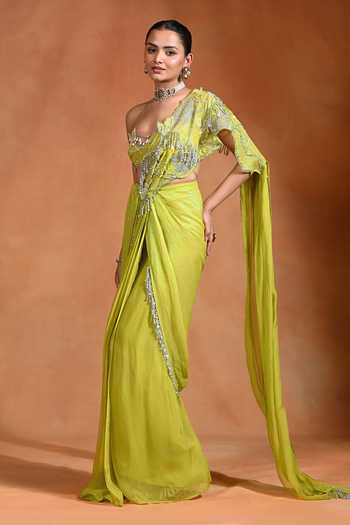 Buy_Rishi and Vibhuti_Lime Organza, Georgette, Crepe Embroidery, Mirage Pre-draped Saree With Bralette _Online_at_Aza_Fashions