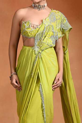 Shop_Rishi and Vibhuti_Lime Organza, Georgette, Crepe Embroidery, Mirage Pre-draped Saree With Bralette _Online_at_Aza_Fashions