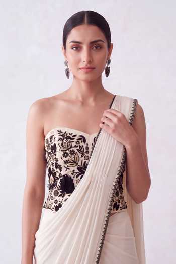 Buy_Two Sisters By Gyans_Cream Lycra Embroidery Sweetheart Neck Pre-draped Saree With 3d Corset _Online_at_Aza_Fashions