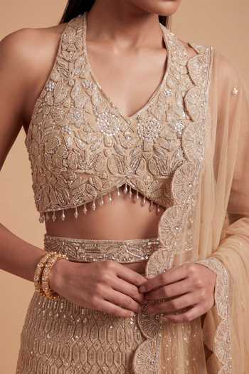 Two Sisters By Gyans_Gold Georgette Sequins, Beads Halter Neck Hand Embroidered Top And Palazzo Set _Online_at_Aza_Fashions