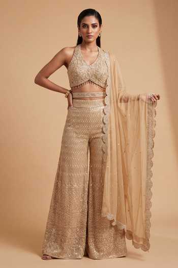 Buy_Two Sisters By Gyans_Gold Georgette Sequins, Beads Halter Neck Hand Embroidered Top And Palazzo Set _Online_at_Aza_Fashions