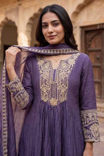 Shop_Two Sisters By Gyans_Purple Chanderi Split V-neck Antque Zari Embroidered Straight Kurta Set _Online_at_Aza_Fashions