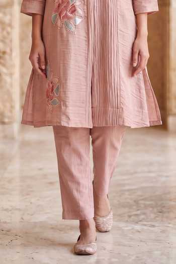 Buy_Two Sisters By Gyans_Pink Chanderi Round Neck, Yes Floral Embroidered Kurta And Pant Co-ord Set _Online_at_Aza_Fashions