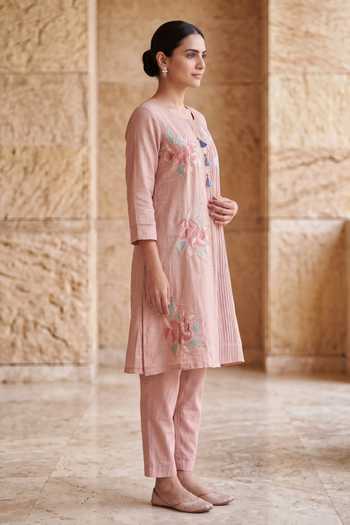 Shop_Two Sisters By Gyans_Pink Chanderi Round Neck, Yes Floral Embroidered Kurta And Pant Co-ord Set _Online_at_Aza_Fashions