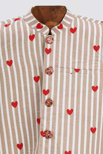 MINIME ORGANICS_Beige Cotton, Shantoon Heart Print Nehru Jacket And Kurta Set _Online_at_Aza_Fashions