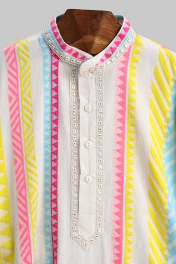 MINIME ORGANICS_Multi Color Cotton, Shantoon Neon Striped Kurta And Pyjama Set _Online_at_Aza_Fashions