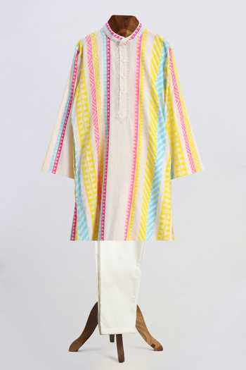 MINIME ORGANICS Neon Striped Cotton Kurta & Pyjama Set 