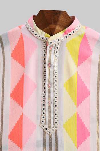 MINIME ORGANICS_Multi Color Cotton Striped Neon Kurta Set _Online_at_Aza_Fashions