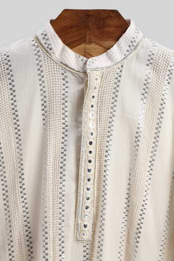 MINIME ORGANICS_Off White Cotton Lurex Striped Kurta And Pyjama Set _Online_at_Aza_Fashions