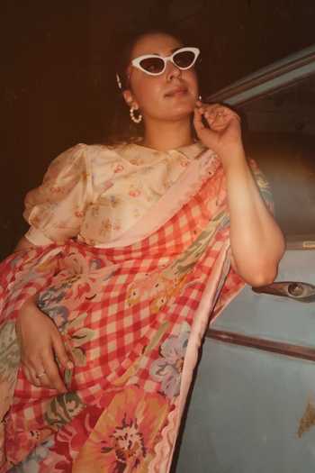 Shop_Moh India_Red Organza, Chanderi Silk High Neck The Jaipur Crimson Saree With Blouse 