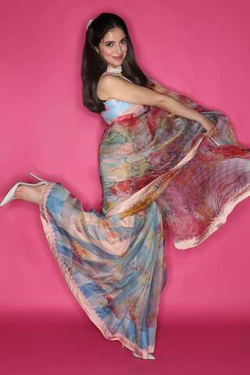 Buy Moh India Sky Blue Organza, Chanderi Silk V-neck Rani Bloom Powder Saree With Blouse Buy_Moh India_Sky Blue Organza, Chanderi Silk V-neck Rani Bloom Powder Saree With Blouse