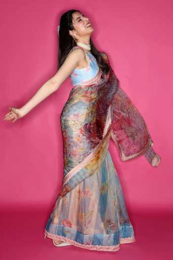 Shop Moh India Sky Blue Organza, Chanderi Silk V-neck Rani Bloom Powder Saree With Blouse Shop_Moh India_Sky Blue Organza, Chanderi Silk V-neck Rani Bloom Powder Saree With Blouse