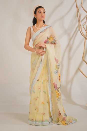 Shop Moh India Yellow Organza, Chanderi Round Neck Summer Crush Saree With Blouse Shop_Moh India_Yellow Organza, Chanderi Round Neck Summer Crush Saree With Blouse