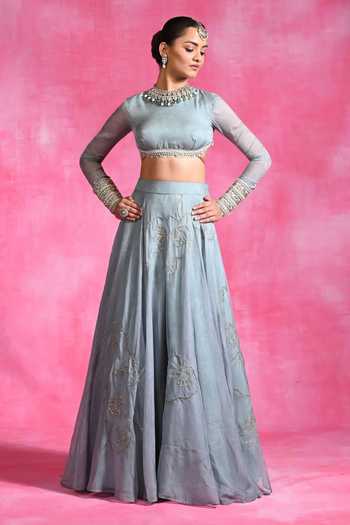 Rishi and Vibhuti Icy Garnet Embroidered Organza Lehenga & Blouse Set 