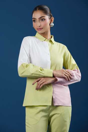 Naintara Bajaj Green Color Block Shirt & Pant Set 
