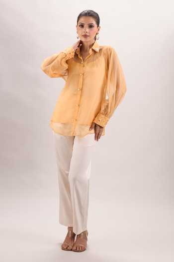 Shop Naintara Bajaj White Cotton, Organza, Silk Scoop Golden Sunrise Embroidered Shirt And Pant Set Shop_Naintara Bajaj_White Cotton, Organza, Silk Scoop Golden Sunrise Embroidered Shirt And Pant Set