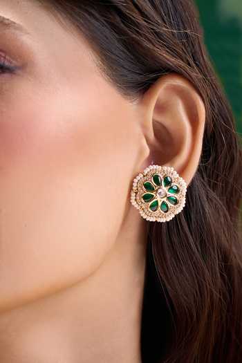 Shop Nazaakat By Samara Singh Green Floral Embellished Stud Earrings Online at Aza Fashions Shop_Nazaakat By Samara Singh_Green Floral Embellished Stud Earrings _Online_at_Aza_Fashions
