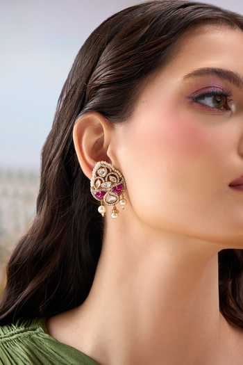 Shop Nazaakat By Samara Singh Pink Cutwork Embellished Earrings Shop_Nazaakat By Samara Singh_Pink Cutwork Embellished Earrings