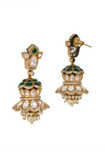 Buy Nazaakat By Samara Singh Green Embellished Dholki Jhumka Earrings Online at Aza Fashions Buy_Nazaakat By Samara Singh_Green Embellished Dholki Jhumka Earrings _Online_at_Aza_Fashions
