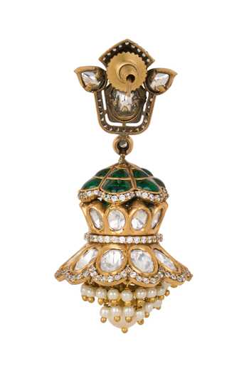 Shop Nazaakat By Samara Singh Green Embellished Dholki Jhumka Earrings Online at Aza Fashions Shop_Nazaakat By Samara Singh_Green Embellished Dholki Jhumka Earrings _Online_at_Aza_Fashions