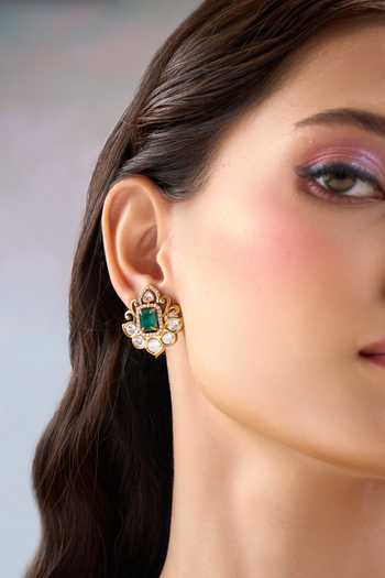 Shop Nazaakat By Samara Singh Green Embellished Stud Earrings Shop_Nazaakat By Samara Singh_Green Embellished Stud Earrings