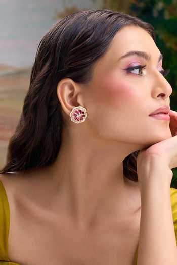 Shop Nazaakat By Samara Singh Red Embellished Floral Stud Earrings Shop_Nazaakat By Samara Singh_Red Embellished Floral Stud Earrings