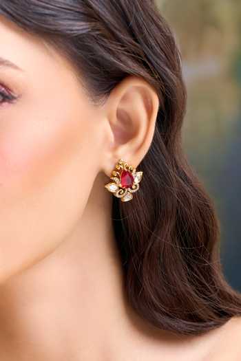 Shop Nazaakat By Samara Singh Red Stone Embellished Stud Earrings Shop_Nazaakat By Samara Singh_Red Stone Embellished Stud Earrings