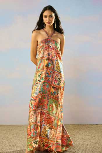 Shop Dash And Dot Multi Color Viscose Halter Neck Ornamental Print Maxi Dress Online at Aza Fashions Shop_Dash And Dot_Multi Color Viscose Halter Neck Ornamental Print Maxi Dress _Online_at_Aza_Fashions