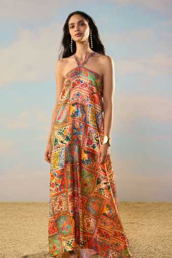Dash And Dot Ornamental Print Halter Maxi Dress