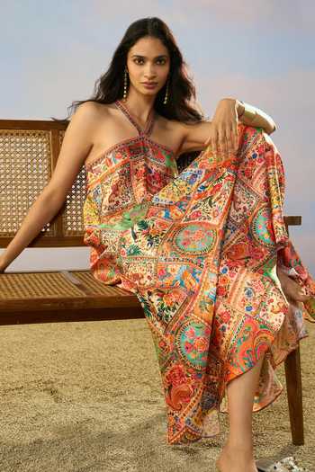 Dash And Dot Multi Color Viscose Halter Neck Ornamental Print Maxi Dress at Aza Fashions Dash And Dot_Multi Color Viscose Halter Neck Ornamental Print Maxi Dress _at_Aza_Fashions