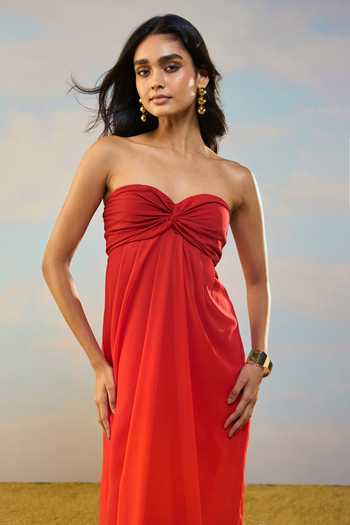 Dash And Dot Red Viscose Sweetheart , Bandeau Off Shoulder Ombre Draped Dress Online at Aza Fashions Dash And Dot_Red Viscose Sweetheart , Bandeau Off Shoulder Ombre Draped Dress _Online_at_Aza_Fashions
