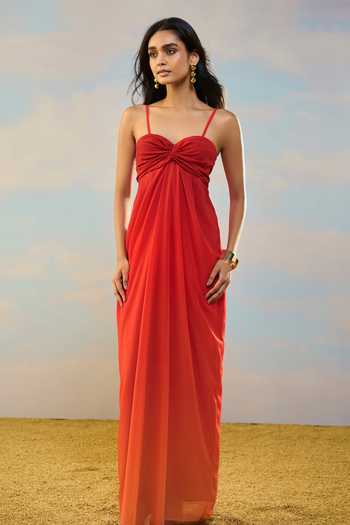 Shop Dash And Dot Red Viscose Sweetheart , Bandeau Off Shoulder Ombre Draped Dress Online at Aza Fashions Shop_Dash And Dot_Red Viscose Sweetheart , Bandeau Off Shoulder Ombre Draped Dress _Online_at_Aza_Fashions