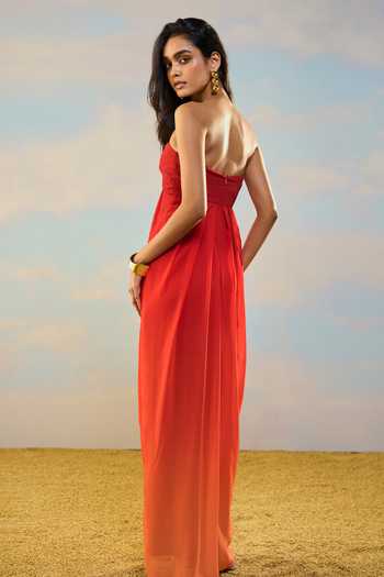 Dash And Dot Red Viscose Sweetheart , Bandeau Off Shoulder Ombre Draped Dress at Aza Fashions Dash And Dot_Red Viscose Sweetheart , Bandeau Off Shoulder Ombre Draped Dress _at_Aza_Fashions
