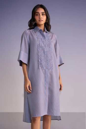 Dash And Dot Grey Polyester Collared Neck Ruffled Bib Organza Stripe Shirt Dress Online at Aza Fashions Dash And Dot_Grey Polyester Collared Neck Ruffled Bib Organza Stripe Shirt Dress _Online_at_Aza_Fashions