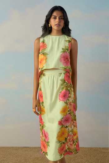 Dash And Dot Green Cotton, Linen Round Neck Tulip Back Placed Floral Top And Skirt Set Online at Aza Fashions Dash And Dot_Green Cotton, Linen Round Neck Tulip Back Placed Floral Top And Skirt Set _Online_at_Aza_Fashions