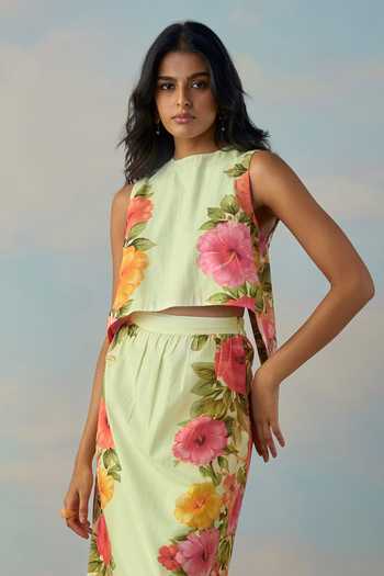 Buy Dash And Dot Green Cotton, Linen Round Neck Tulip Back Placed Floral Top And Skirt Set Online at Aza Fashions Buy_Dash And Dot_Green Cotton, Linen Round Neck Tulip Back Placed Floral Top And Skirt Set _Online_at_Aza_Fashions