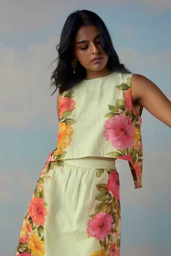 Shop Dash And Dot Green Cotton, Linen Round Neck Tulip Back Placed Floral Top And Skirt Set Online at Aza Fashions Shop_Dash And Dot_Green Cotton, Linen Round Neck Tulip Back Placed Floral Top And Skirt Set _Online_at_Aza_Fashions